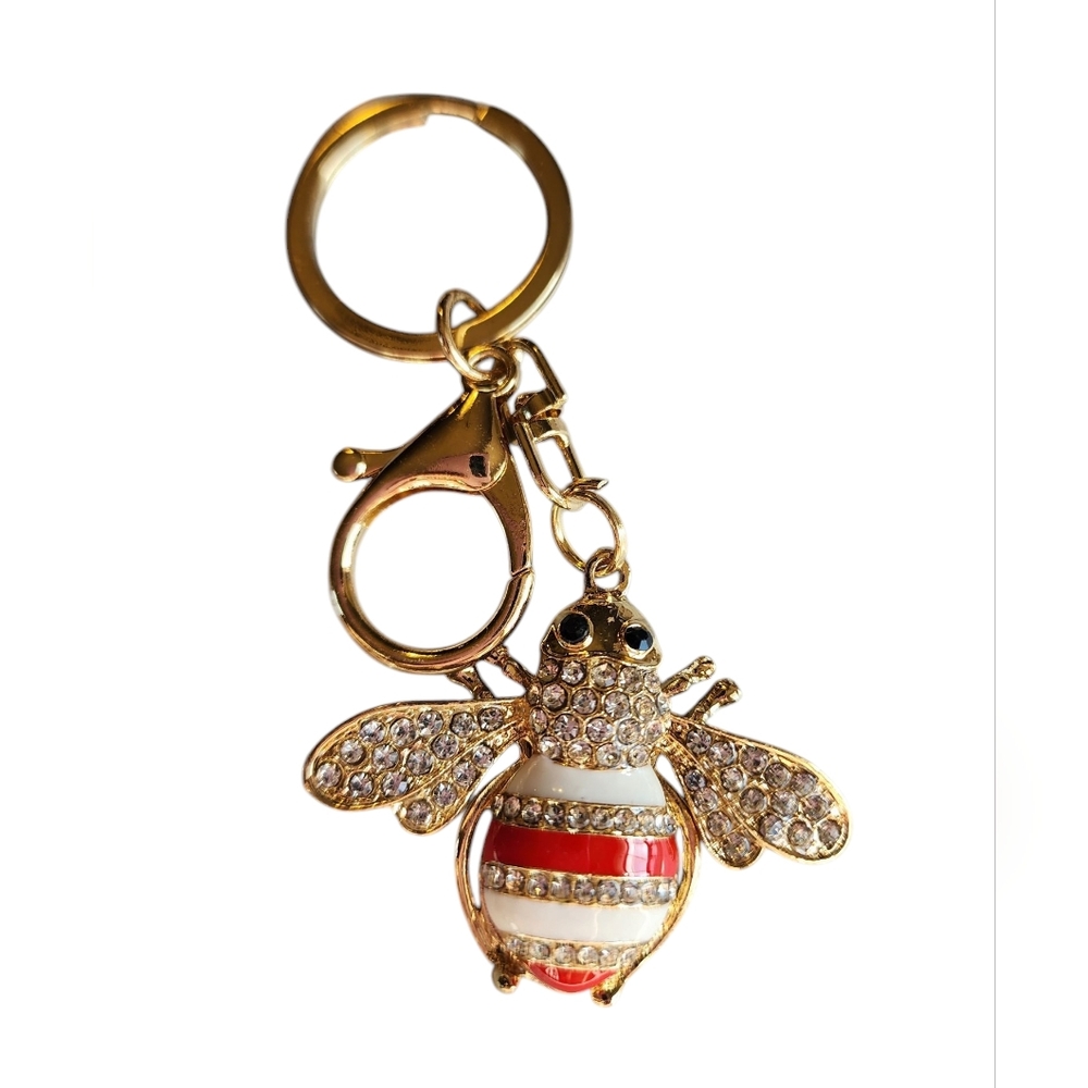 BEE Crystal Rhinestone Keyring Keychain Pendant Purse Red White & gold HOST PICK